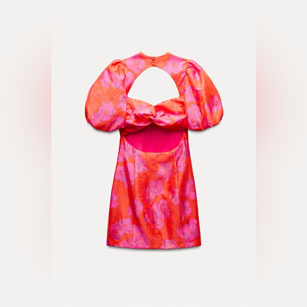 Zara dress mini puff wide sleeve cut out hot Pink Floral wedding summer vacation - Picture 11 of 12